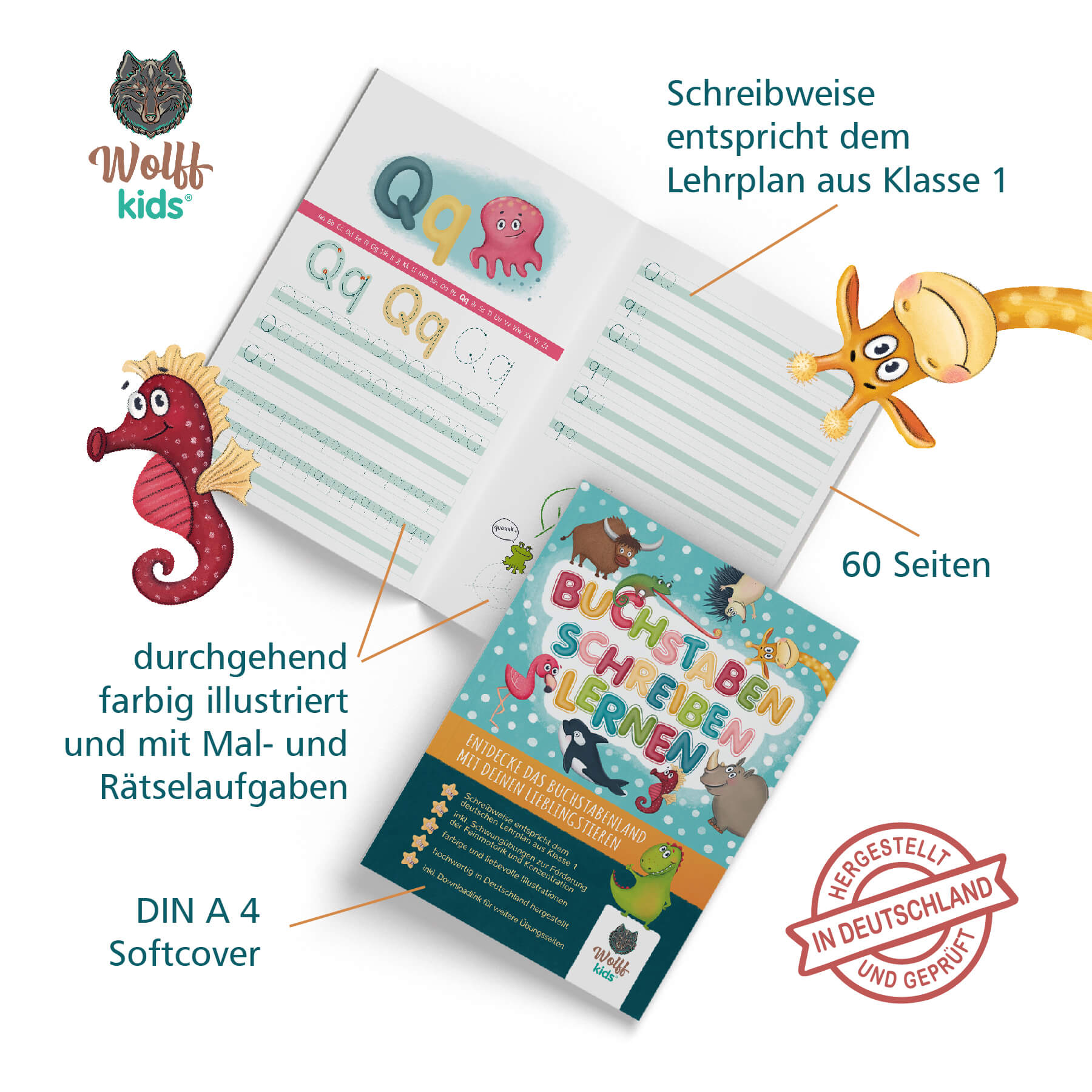 ABC Übungsheft Inhalt 60 Seiten farbig illustriert Vorschule Klasse 1 WolffKids